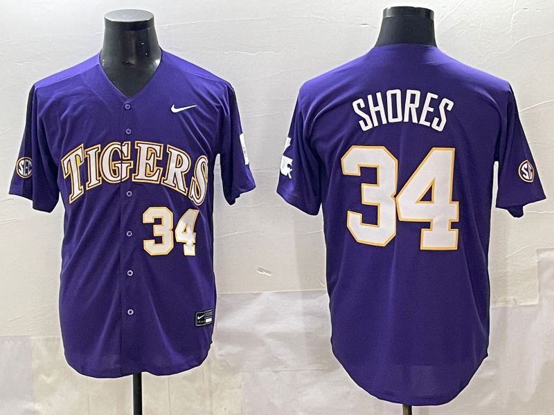 Men 2025 LSU Tigers #34 Shores Purple Joint Name Nike NCAA Jersey style 5